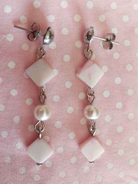 Earrings, Pink Shell Beads And Glass Pearls, Nickel Findings And Ear Studs, 49mm, 2pc