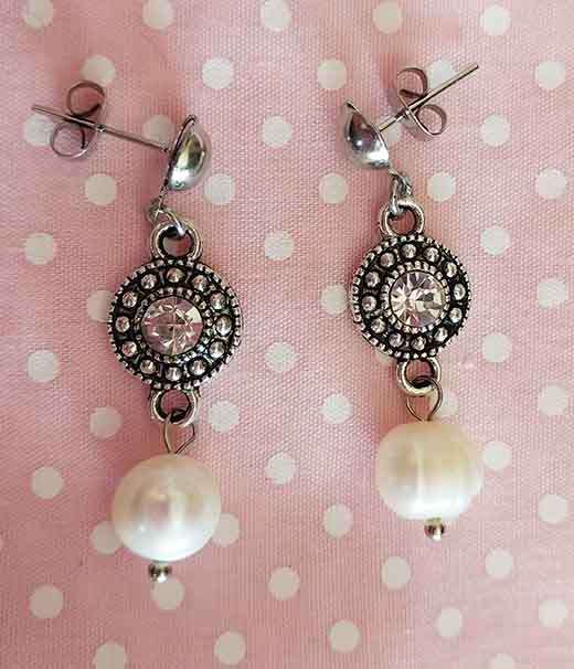Earrings, White Freshwater Pearls Connectors+Clear Rhinest, Nickel Findings And Ear Studs, 37mm, 2pc