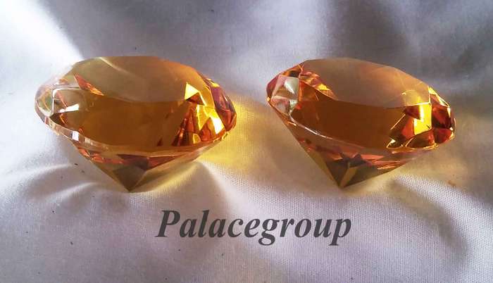 Display Item, 2 x Yellow Topaz Crystals, Round Cut, Dia 39.6mm, Height 24.7mm, Weight 30.8gr