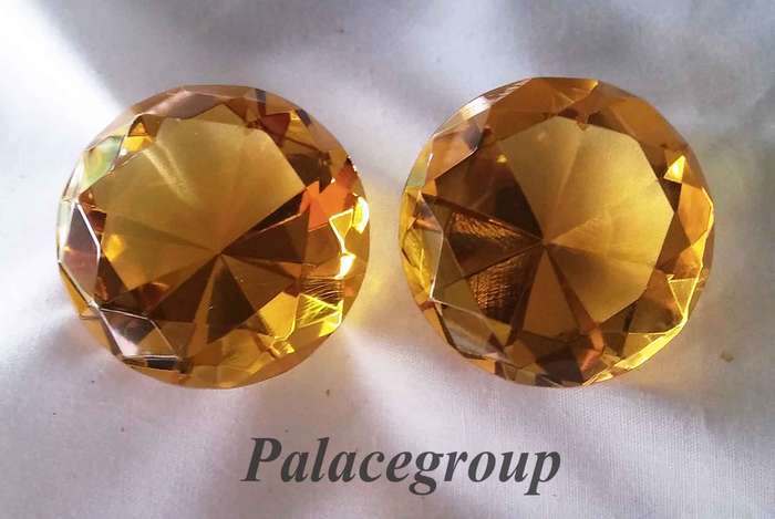 Display Item, 2 x Yellow Topaz Crystals, Round Cut, Dia 39.6mm, Height 24.7mm, Weight 30.8gr