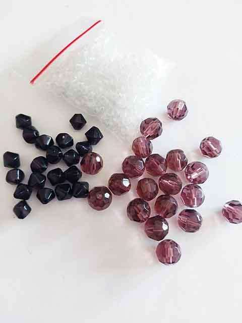 Glass Beads, Mixed, 2 x 20pc+11gr Seed, Purple+Clear, Facetted Round 8mm, Bicone 7mm, 1 x Seedbeads
