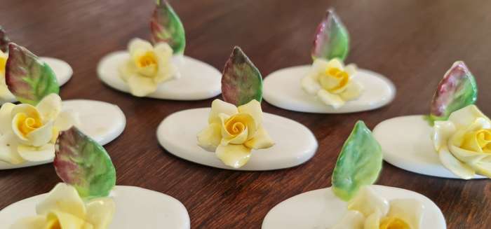 Vintage Bone China Roses. 8 Place Card Holders Crown Staffordshire Hand Made 1970s.  8pcs hand-made