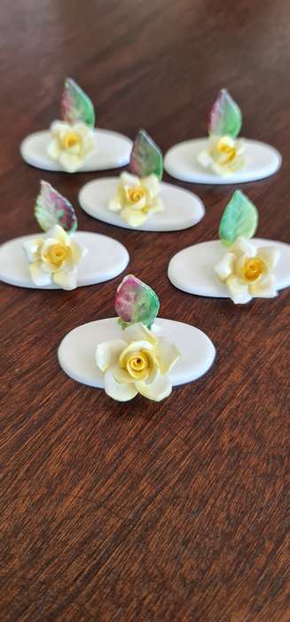 Vintage Bone China Roses. 8 Place Card Holders Crown Staffordshire Hand Made 1970s.  8pcs hand-made