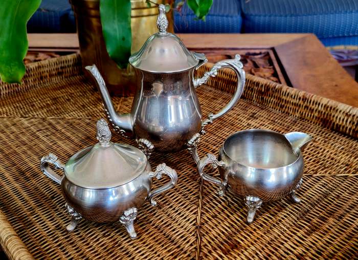 Exquisite Tea Set with Tea Pot Milk Jug & Sugar Bowl. Platted Silver.