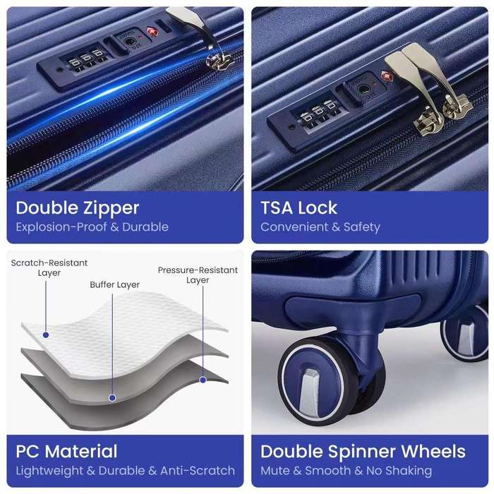 Premium Navy Blue PC Luggage Set - 3 Sizes, TSA Locks, Spinner Wheels, Expandable, Side-Opening