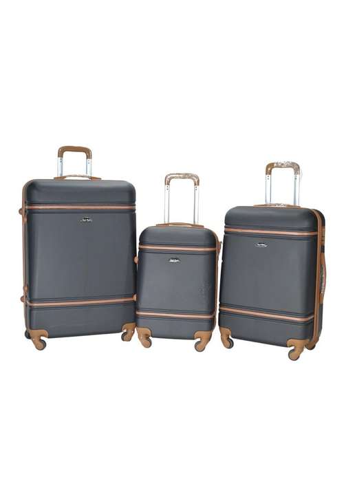 Black ABS Luggage Set - 3 Piece Spinner Suitcases with Locks, Polka Dot Lining & Brown Accents
