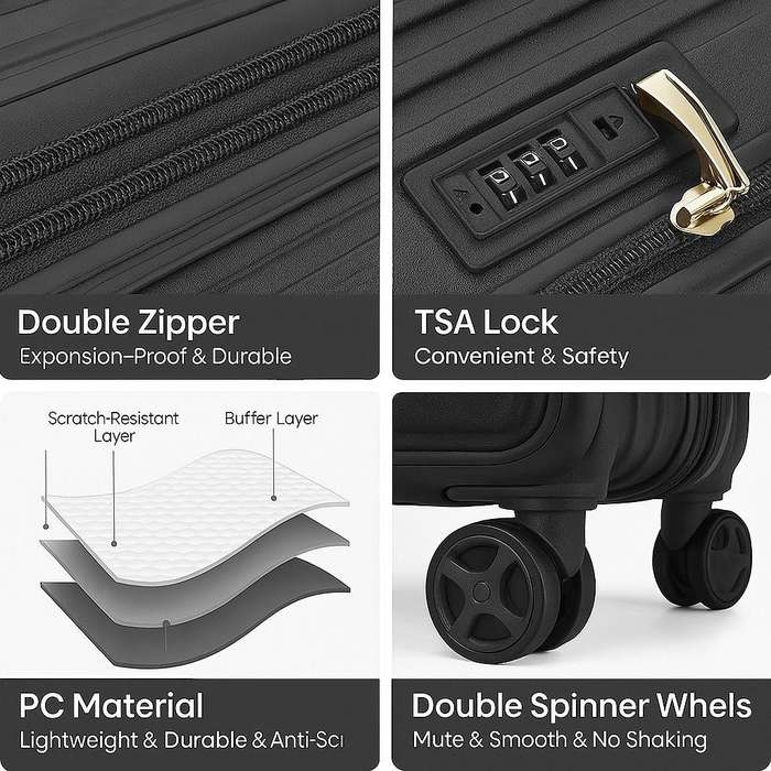 Sleek Black 3-Piece Luggage Set with Laptop Access & Spinner WheelsSA Travel