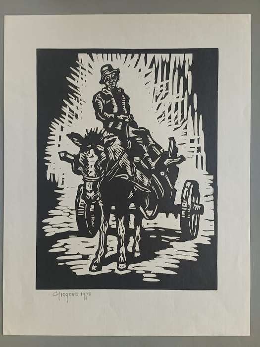 GREGOIR BOONZAIER SIGNED LINOCUT - DONKEY CART - 300 X 230 IMAGE SIZE