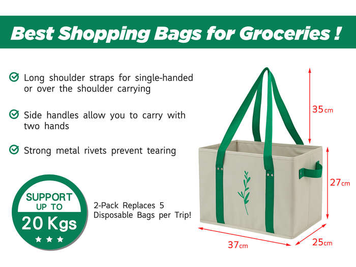 Reusable Grocery Shopping Box Bags 2-Pack (Grey) | Rigid & Foldable