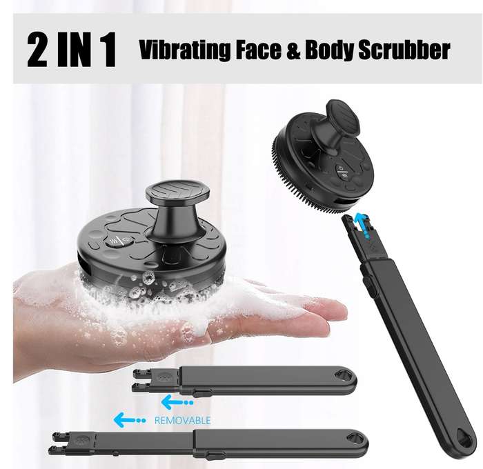 Vibrating Face & Body Scrubber with Retractable Handle