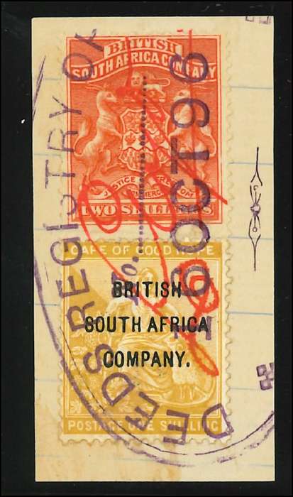 BSAC 1892 Two Shillings (SACC 5) and One Shilling (SACC 57) on piece - fiscally used: CV R 4 600