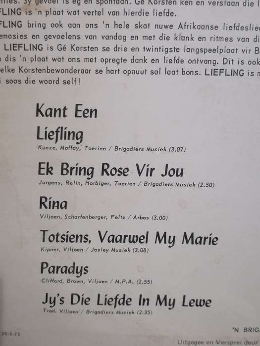 Ge Korsten 'Liefling' Vinyl in very good condition .