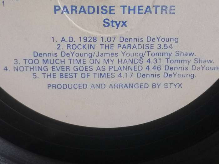 Styx, Paradise Theater,  vinyl very good+ .
