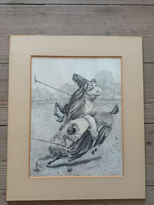 Old pen-and-ink drawing of a scene during a game of polo