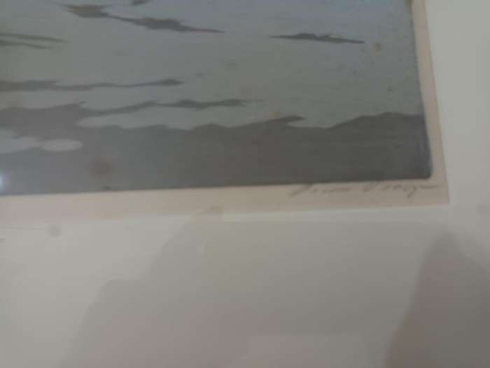 Oscar Droege, North German lakeside landscape with trees, c. 1960? Colour woodblock print