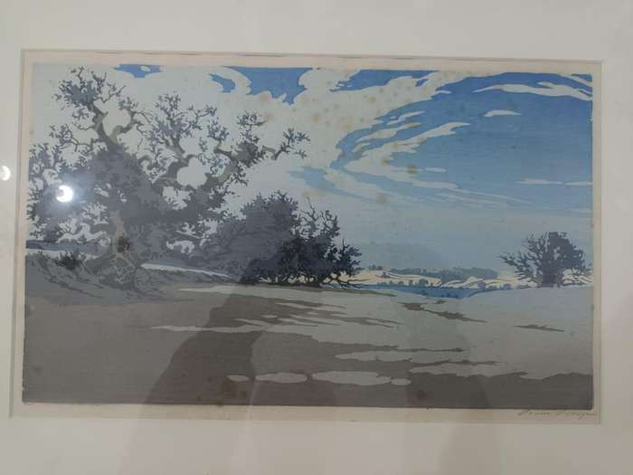 Oscar Droege, North German lakeside landscape with trees, c. 1960? Colour woodblock print
