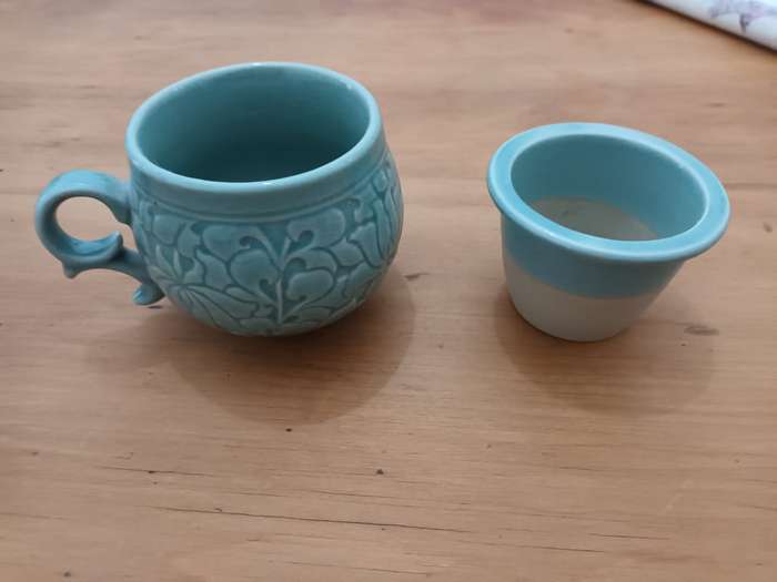 Vintage Korean celadon tea cup and matching ceramic infuser