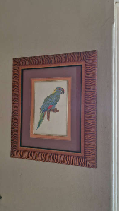 Textured Wood Frame with Parrot Tapestry