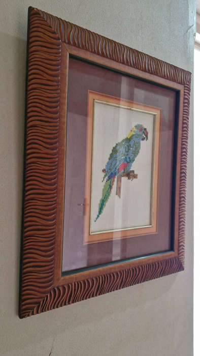 Textured Wood Frame with Parrot Tapestry