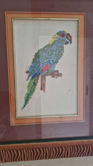 Textured Wood Frame with Parrot Tapestry