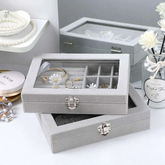 Flannel Jewelry Box with 9 Grids & Ring Compartment Clear Lid Jewelry Box