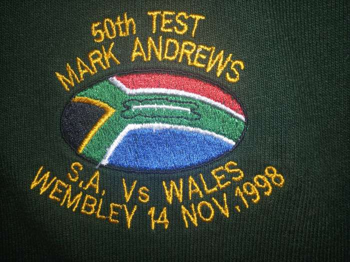 1998 Springbok Rugby Jersey 'Mark Andrews 50th Test'  Home Rugby Jersey (XL)