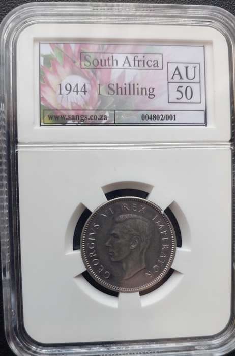 1944 shilling SANGS graded AU50. A very scarce coin!