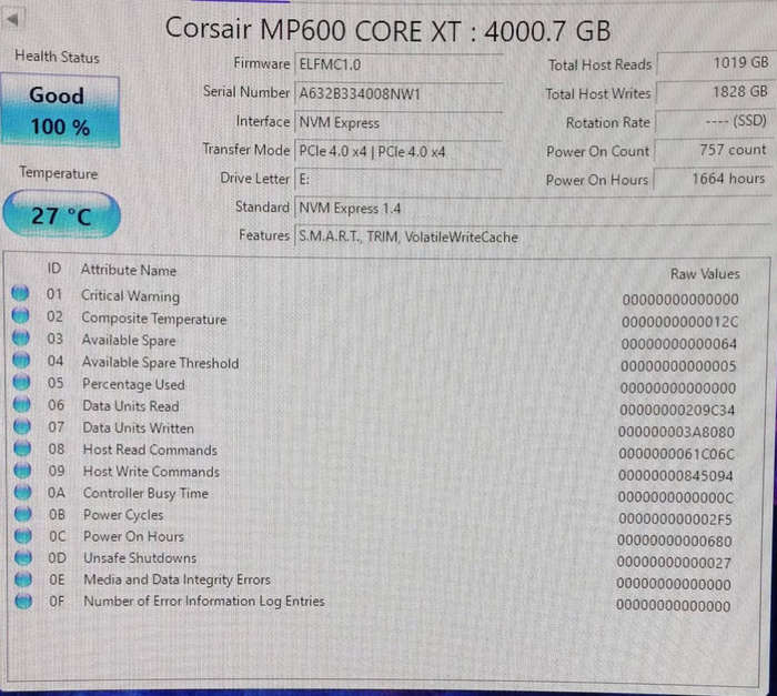 Corsair MP600 CORE XT 4TB PCIe 4.0 (Gen4) x4 NVMe M.2 SSD. Approx. 3 Year Warranty Remaining.