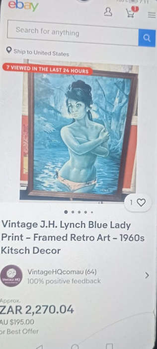 Vintage J. H. Lynch blue lady Print framed Retro Art 1960