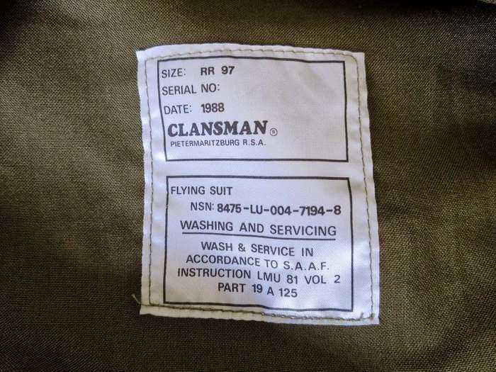 19 Squadron SAAF Flight suit with 19 Squadron patch. 54 Cm Armpit to Armpit. Good used condition.