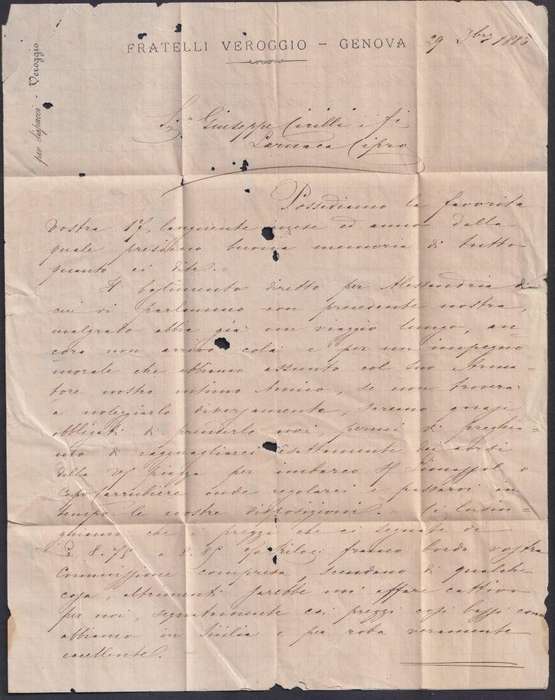 GENOA, ITALY  1883 TAXED COVER TO LARNACA CYPRUS