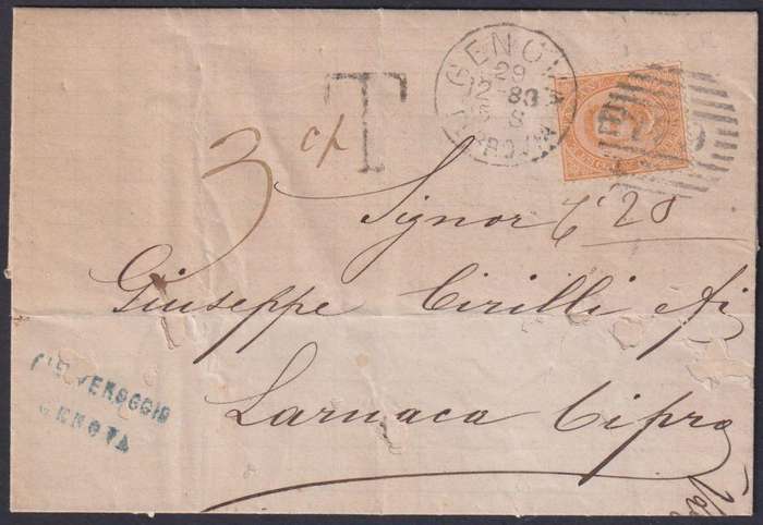 GENOA, ITALY  1883 TAXED COVER TO LARNACA CYPRUS