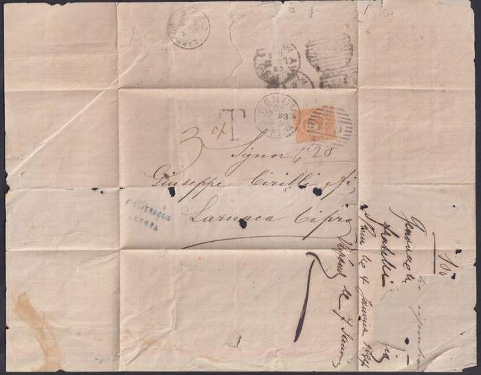 GENOA, ITALY  1883 TAXED COVER TO LARNACA CYPRUS