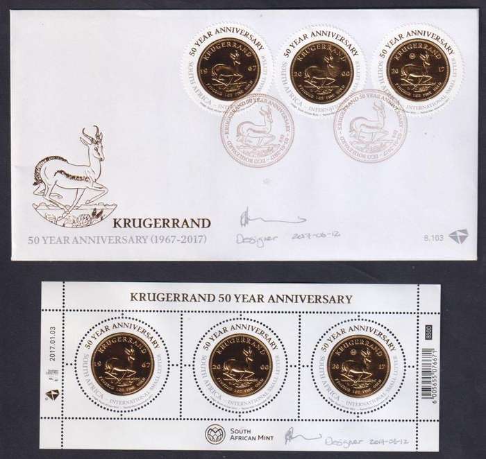 RSA 2017 50th Anniv of the Krugerrand- Signed Cover & Mint Sheet