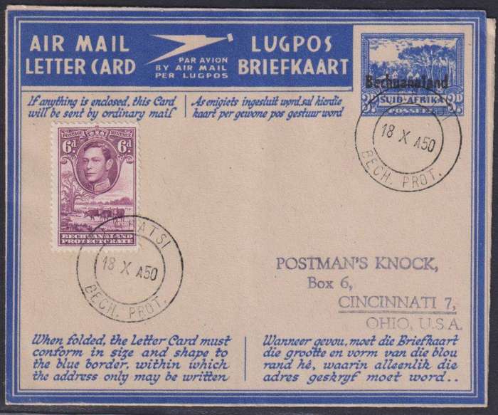 BECHUANALAND PRINTED ON SA  1950 KGV1 LETTERCARD