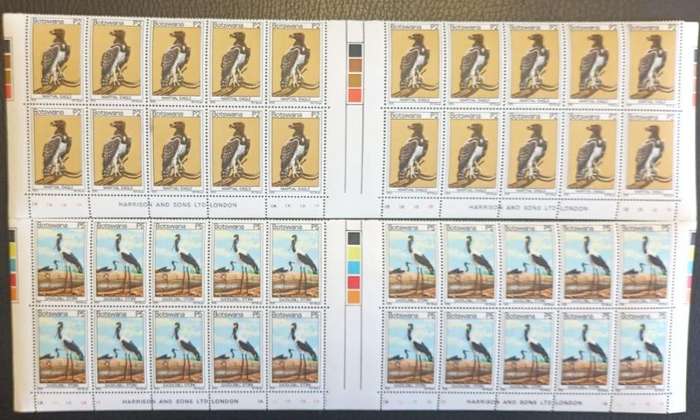 BOTSWANA 1978 BIRDS SET OF 17 IN DOUBLE BOTTOM GUTTER/CYL ROWS - 20 SETS!