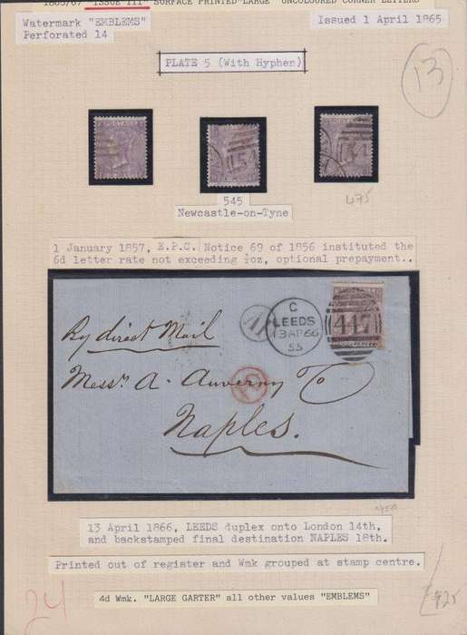 GREAT BRITAIN LETTER LEEDS TO NAPLES, ITALY  CV £580 1866