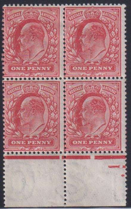 GB KEV11 1911 1d ANILINE ROSE  MARGINAL BLOCK OF 4 MINT/UNMOUNTED MINT - SG 275a CV £960+
