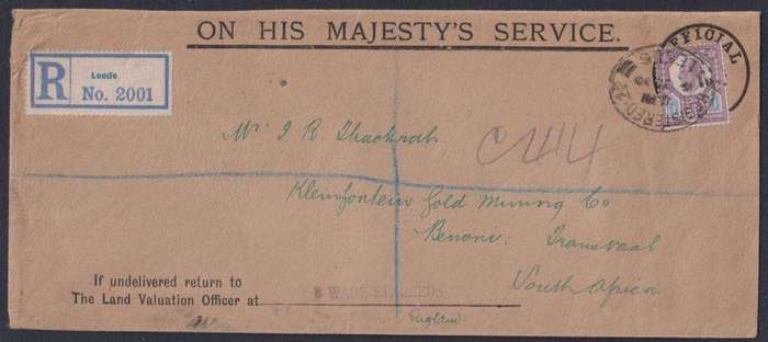 GREAT BRITAIN KEV11 6d ON OFFICIAL REG COVER TO SA