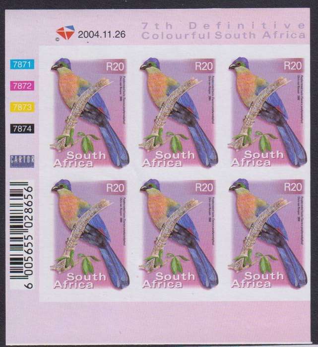 RSA 2004 7th DEFIN IMPERF R20 BIRD CYLINDER BLOCK OF 6 - UM