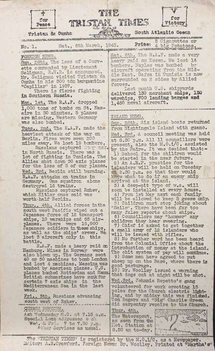 TRISTAN DA CUNHA - TRISTAN TIMES 1943 NEWSPAPER- RARE!