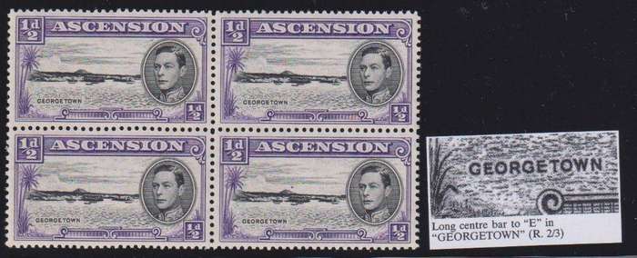 ASCENSION 1944 KGV1 1/2d BLOCK WITH VARIETY SG 38b & 38ba CV £95+