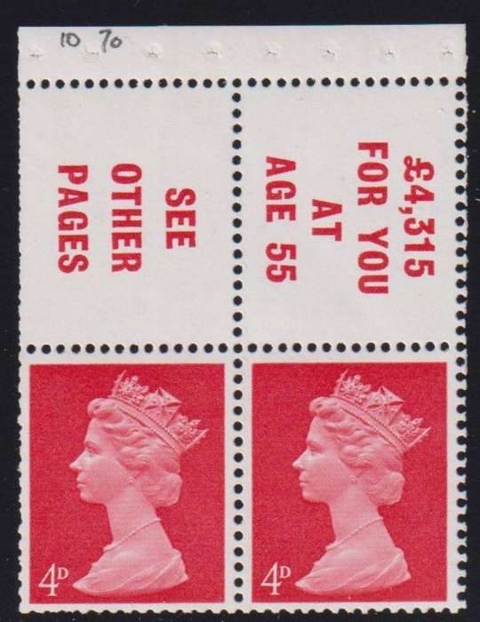 GREAT BRITAIN 1969 MACHIN 4d BOOKLET PANE PHOSPHOR OMITTED UM