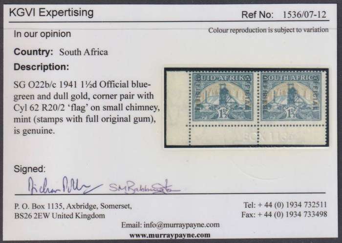 SOUTH AFRICA 1941 1 1/2d OFFICIAL "FLAG ON SMALL CHIMNEY" VARIETY UM SG 022ac WITH CERT