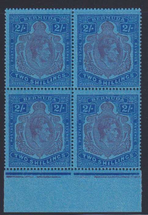 BERMUDA 1942 KGV1 2/- PUPLE & BLUE ON DEEP BLUE PAPER UNMOUNTED MINT BLOCK