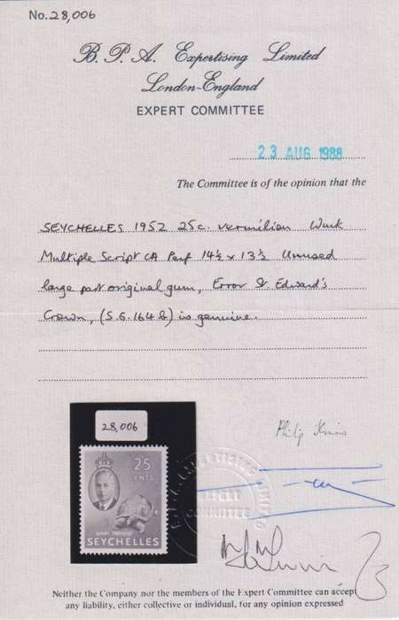 SEYCHELLES RARE 1952 KGV1 WATERMARK ERROR WITH CERT SG 164b CV £450