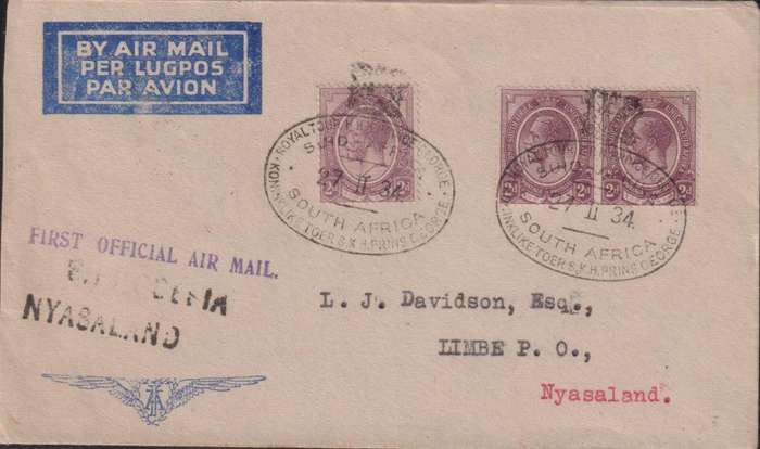 1st OFFICIAL AIRMAIL TO NYASALAND - 1934 ROYAL TOUR COVER