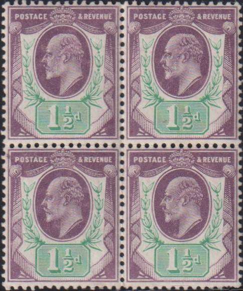 GREAT BRITAIN 1902 1 1/2d KEV11 BLOCK OF 4 MINT/UM - CV £150