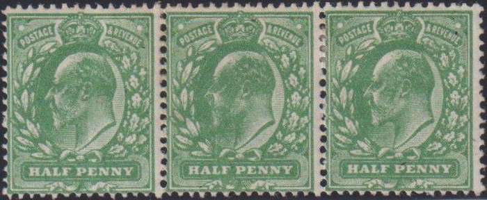 GB 1911 KEV11 1/2d STRIP OF 3 HINGED MINT - VARIETY- MIDDLE STAMP BLOTCHY WITH CERTIFICATE