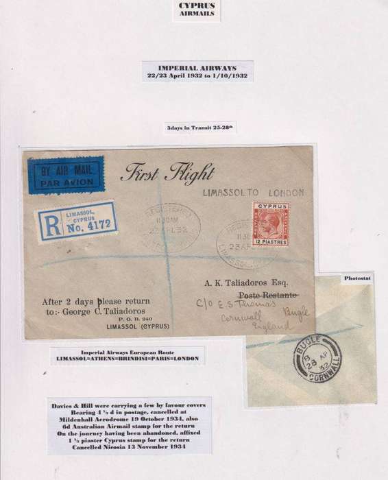 CYPRUS - 1932 IMPERIAL AIRWAYS 1st FLIGHT - LIMASSOL-ATHENS-BRINDISI-LONDON - SUPERB
